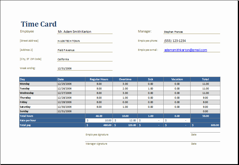 Excel Time Card Template Lovely Ms Excel Employee Time Card Template