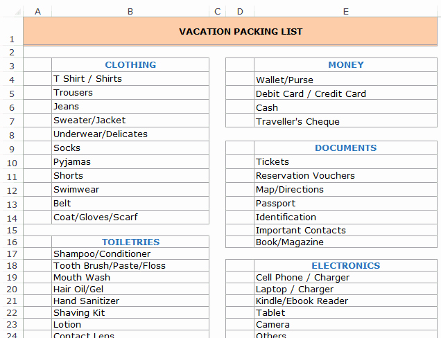 Excel Travel Itinerary Template Unique Vacation Itinerary &amp; Packing List Template In Excel