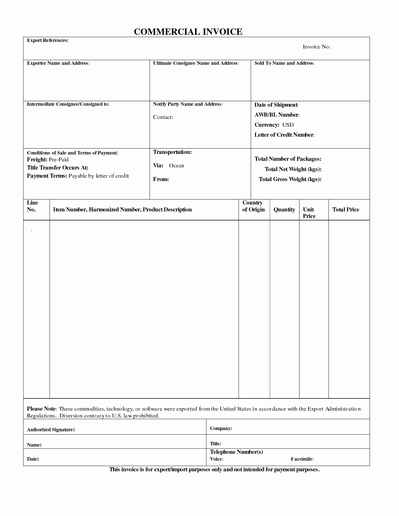 Export Commercial Invoice Template New Mercial Export Invoice Sample Business form