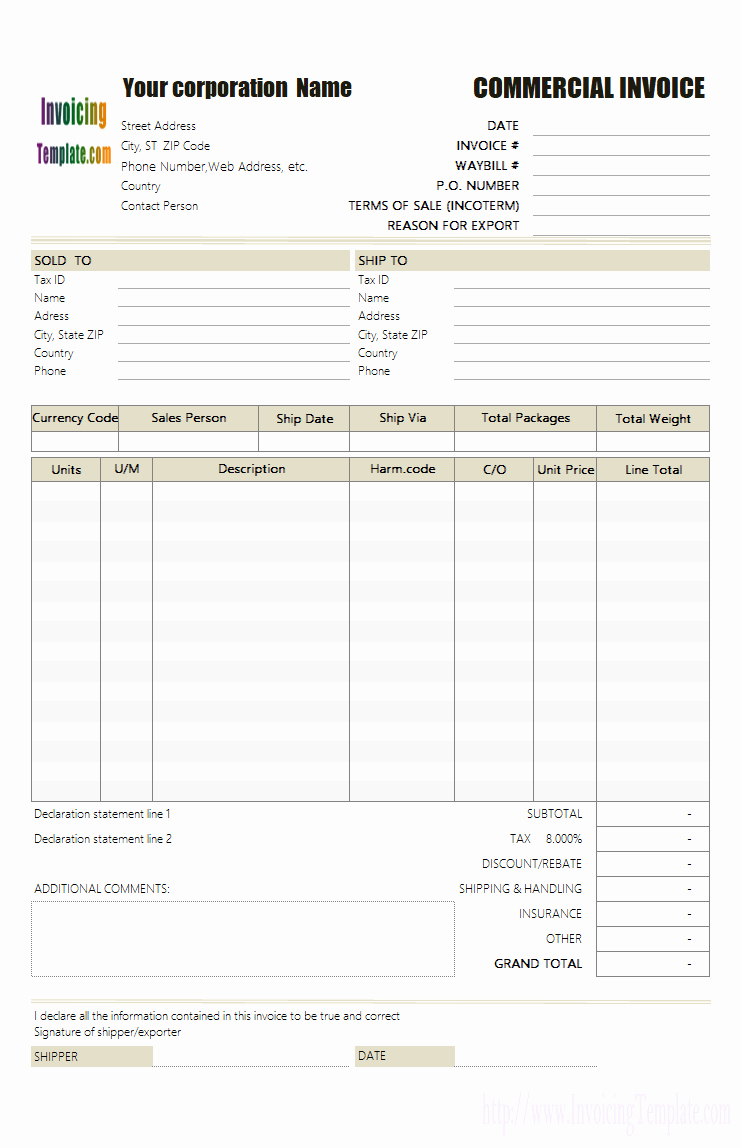 Export Commercial Invoice Template Unique Mercial Invoice for Export In Excel