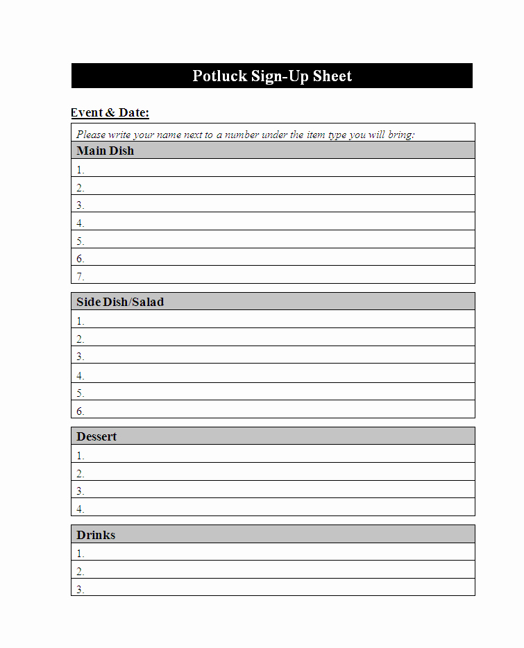 Food Sign Up Sheet Template New Potluck assignment Sheet