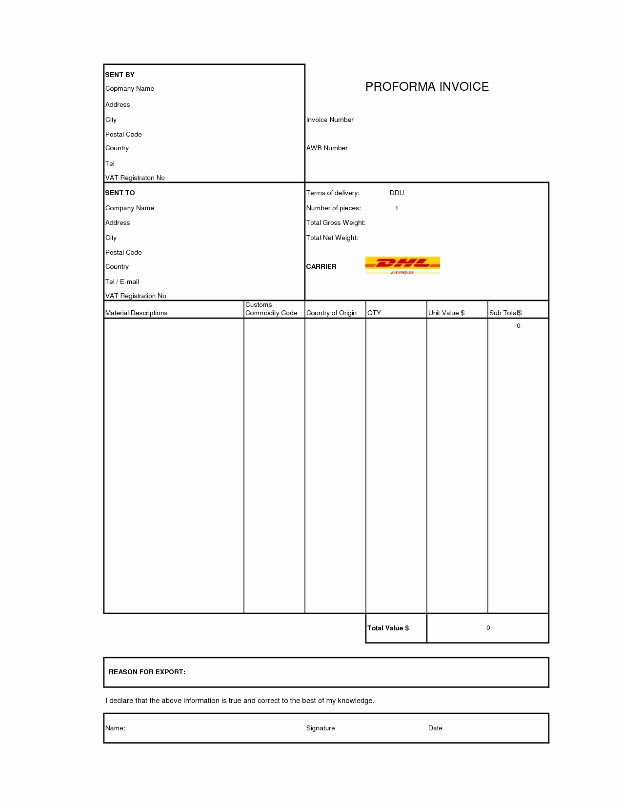 Free Commercial Invoice Template Luxury Dhl Mercial Invoice Template
