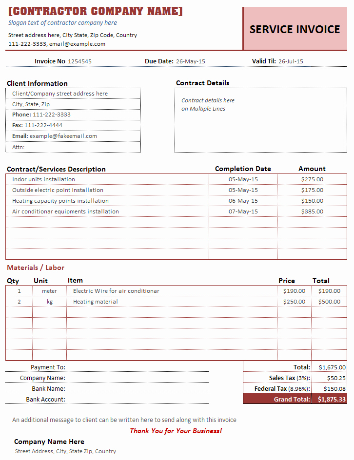 Free Construction Invoice Template Lovely Contractor Invoice Template Service Invoices