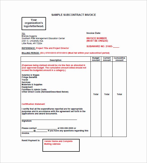Free Contractor Invoice Template Awesome Subcontractor Invoice Template