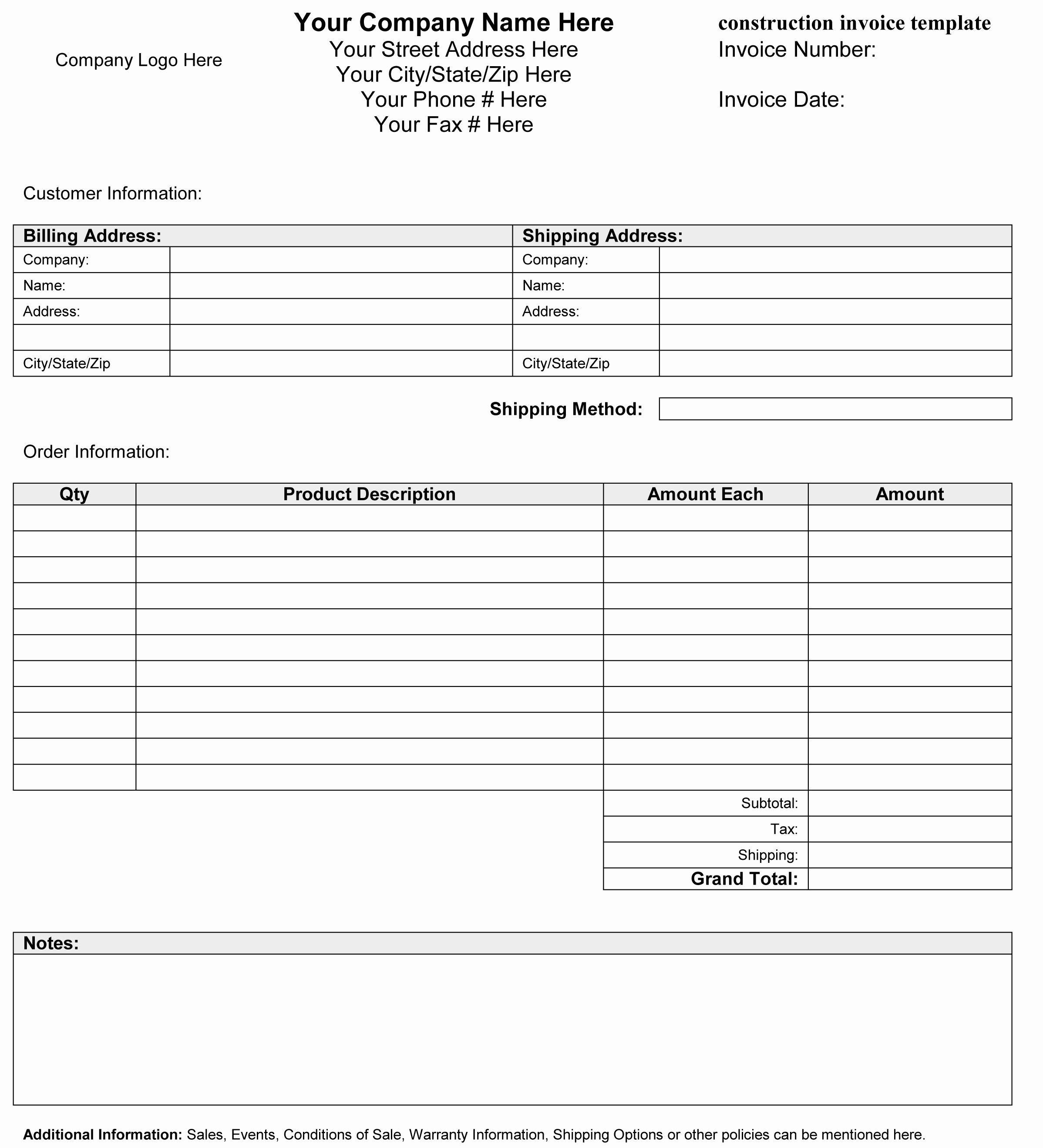 Free Contractor Invoice Template New Construction Invoice Template