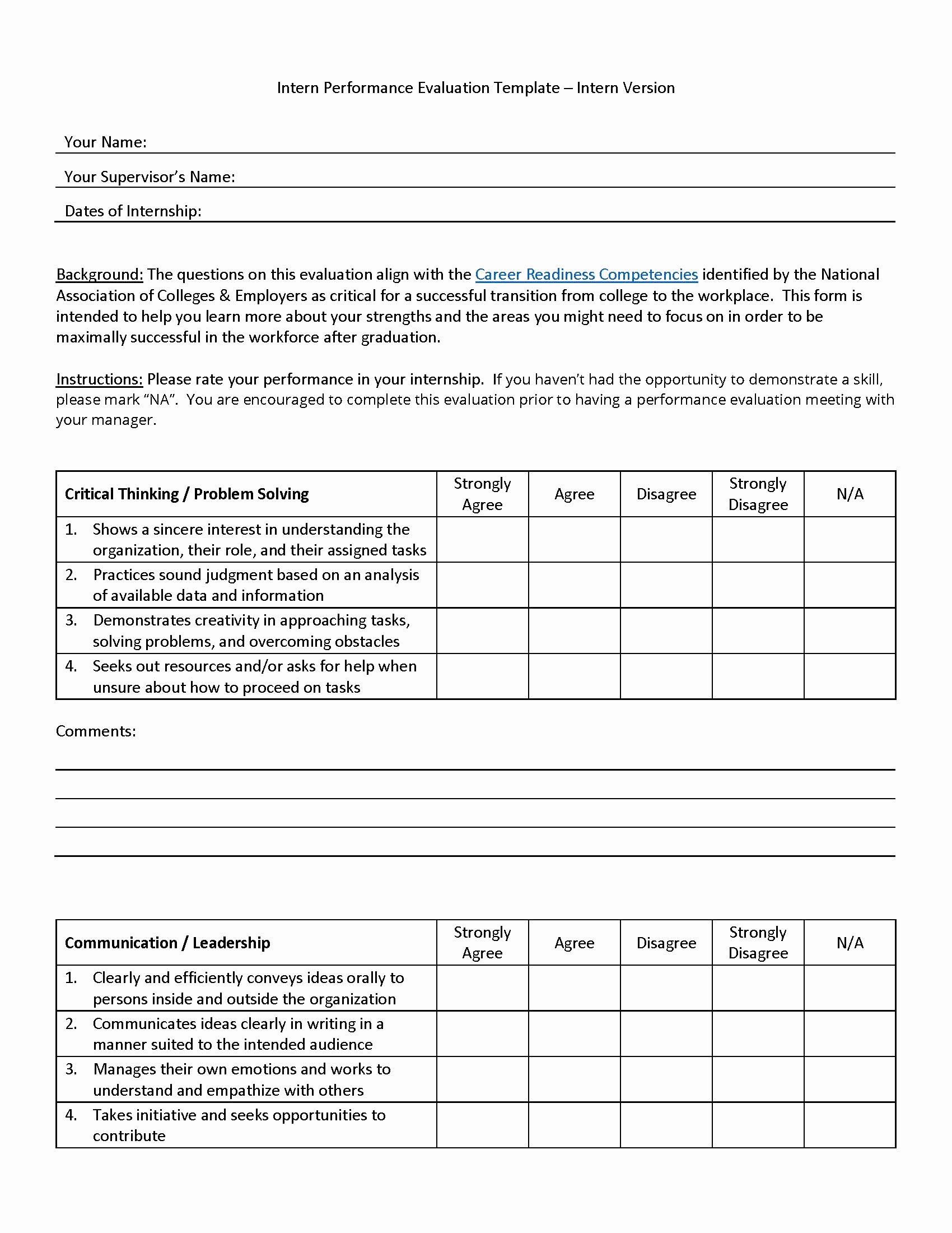 Free Employee Evaluation form Template Awesome Intern Performance Evaluation Template Intern Version