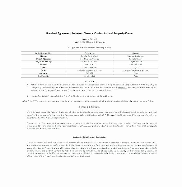 Free General Contractor Agreement Template Beautiful General Contractor Contract forms Construction form Template