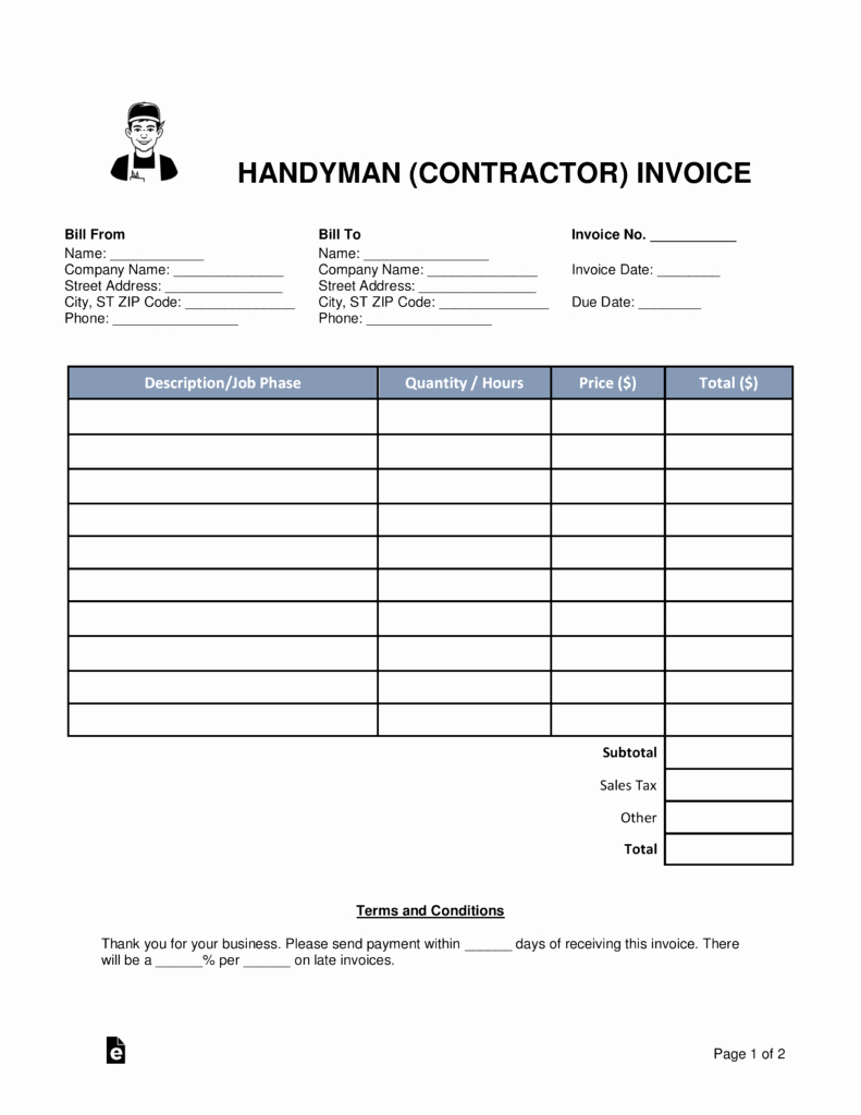 Free Handyman Invoice Template Elegant Free Handyman Contractor Invoice Template Word