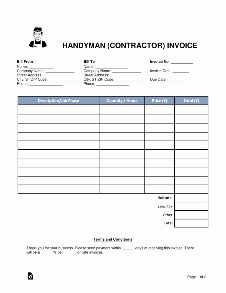 Free Handyman Invoice Template Elegant Sample Handyman Invoice for Free Handyman Contractor