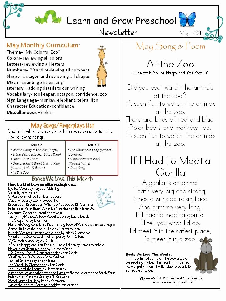 Free Kindergarten Newsletter Template Elegant Learn and Grow Designs Website Zoo themed Preschool