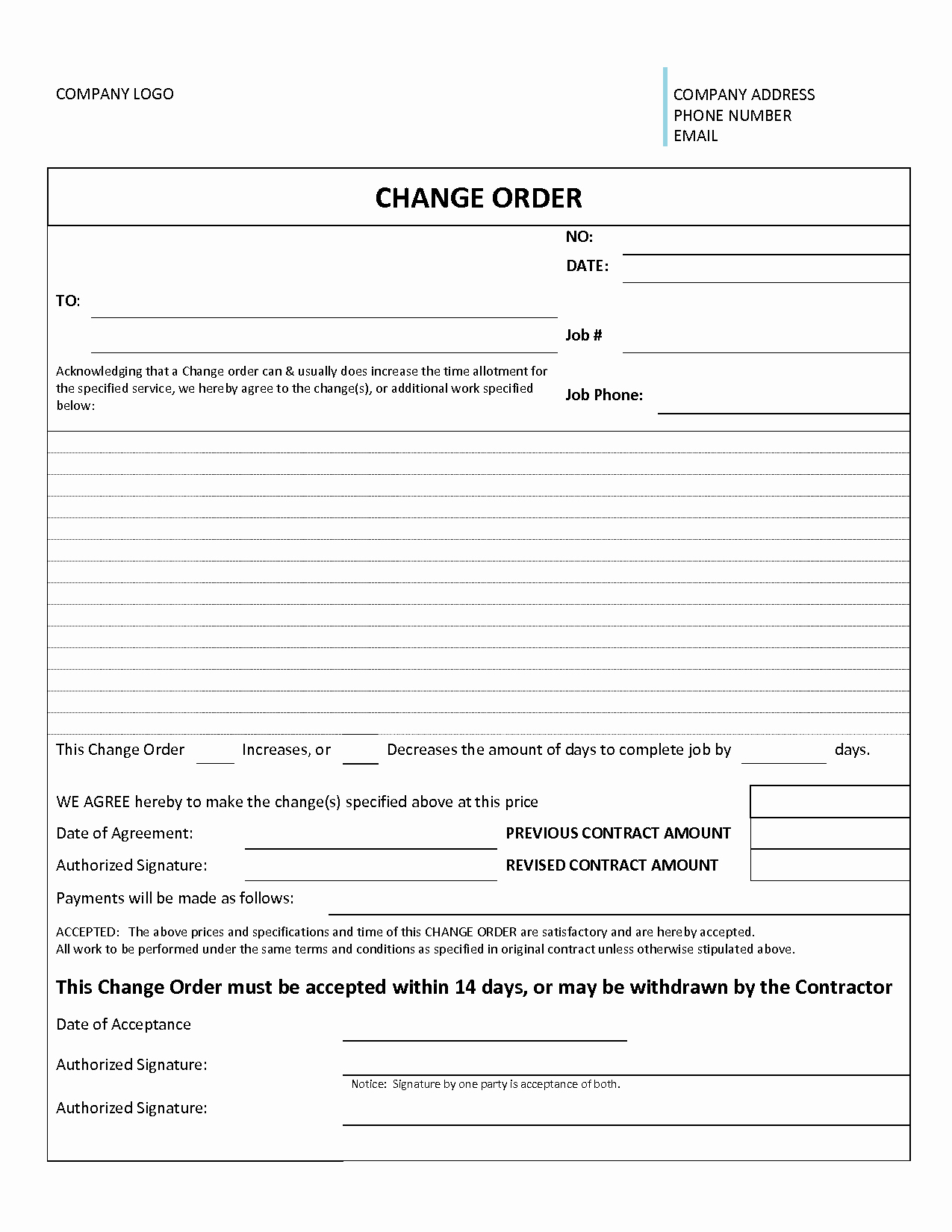 Free Printable Work order Template Best Of Change order form Template