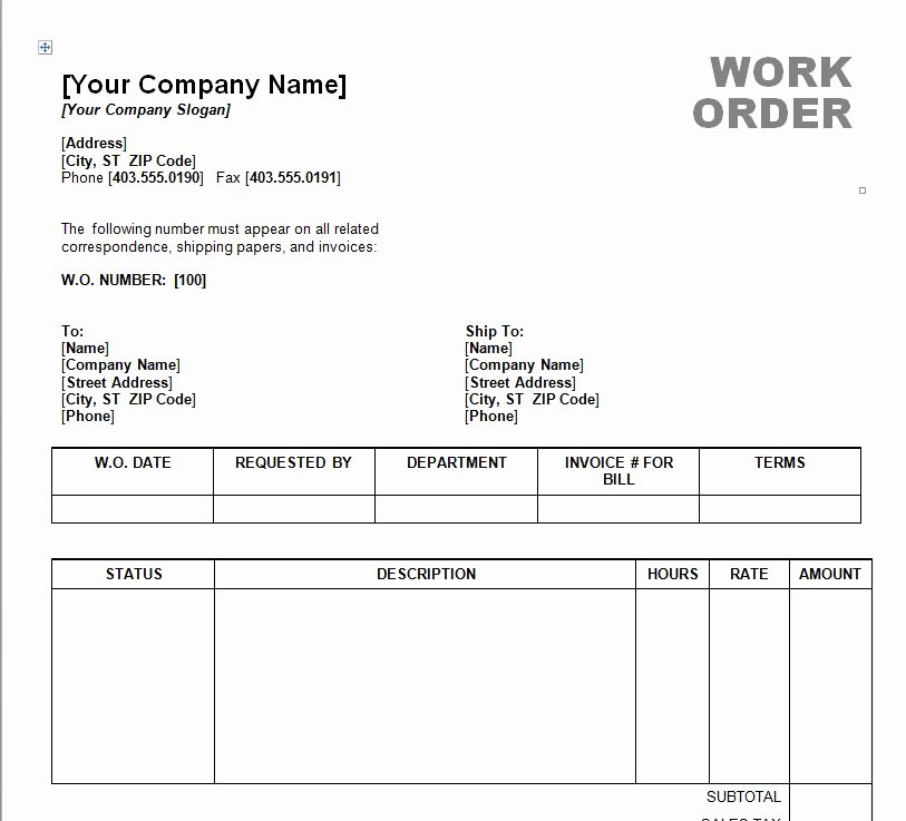 Free Printable Work order Template New Work order Template Word