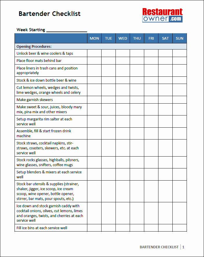 Free Restaurant Cleaning Checklist Template Beautiful Use the Bartender Checklists for Creating Your Own Unique