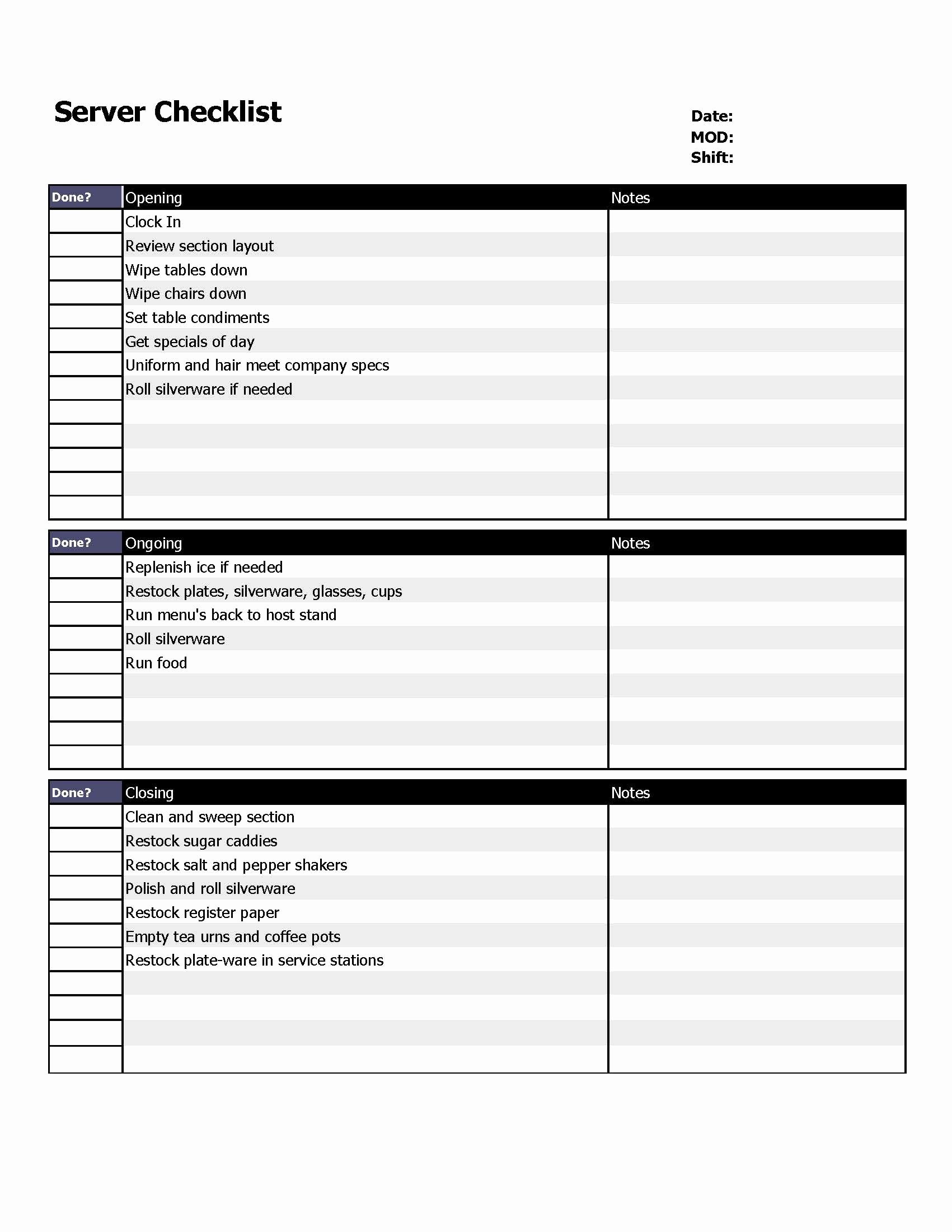 Free Restaurant Cleaning Checklist Template Fresh Restaurant Server Checklist form