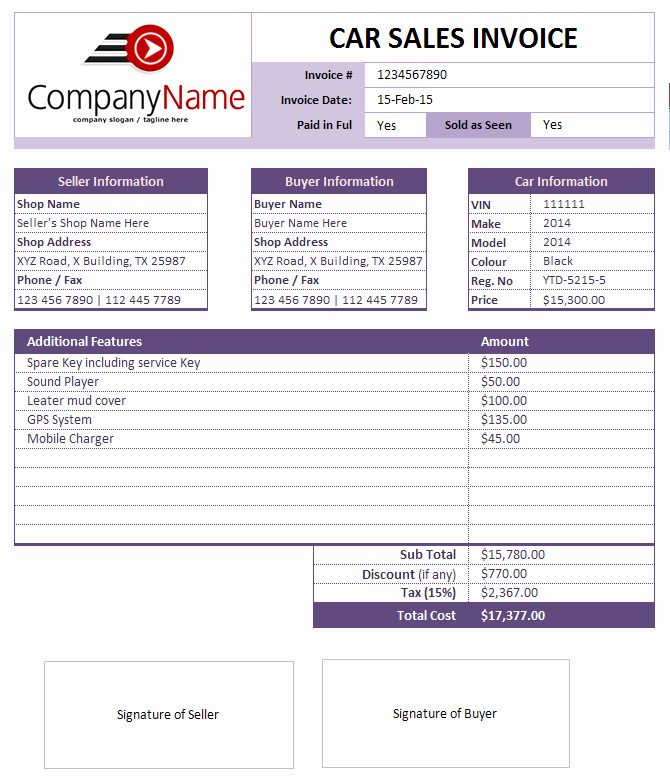 Free Sales Invoice Template Lovely Car Sales Invoice Template Car Rental and Sales Invoice