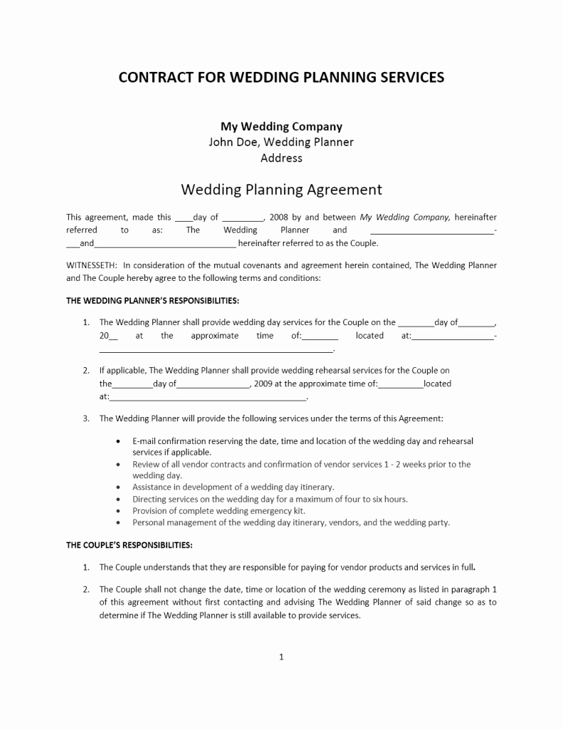 Free Wedding Photography Contract Template New Wedding Planner Contract Template