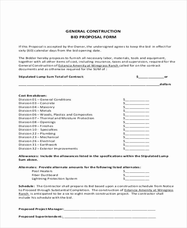 General Contractor Estimate Template Inspirational 9 Bid Proposal form Samples Free Sample Example format