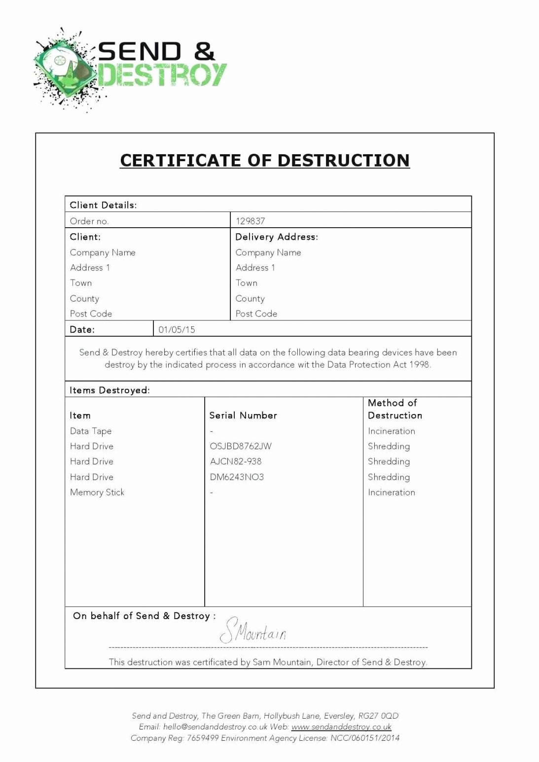 Hard Drive Destruction Certificate Template Awesome Sample Dr Note Return Work Sample Medical Certificate