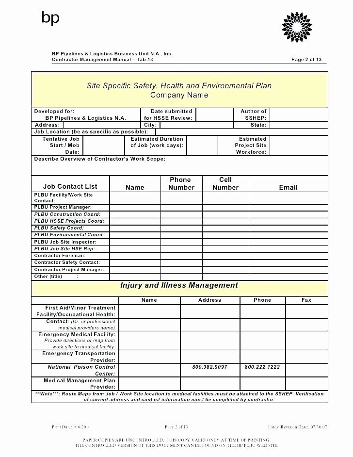 Health and Safety Plan Template Elegant 1 4 Hse Plan Template Download Emergency Response Planning
