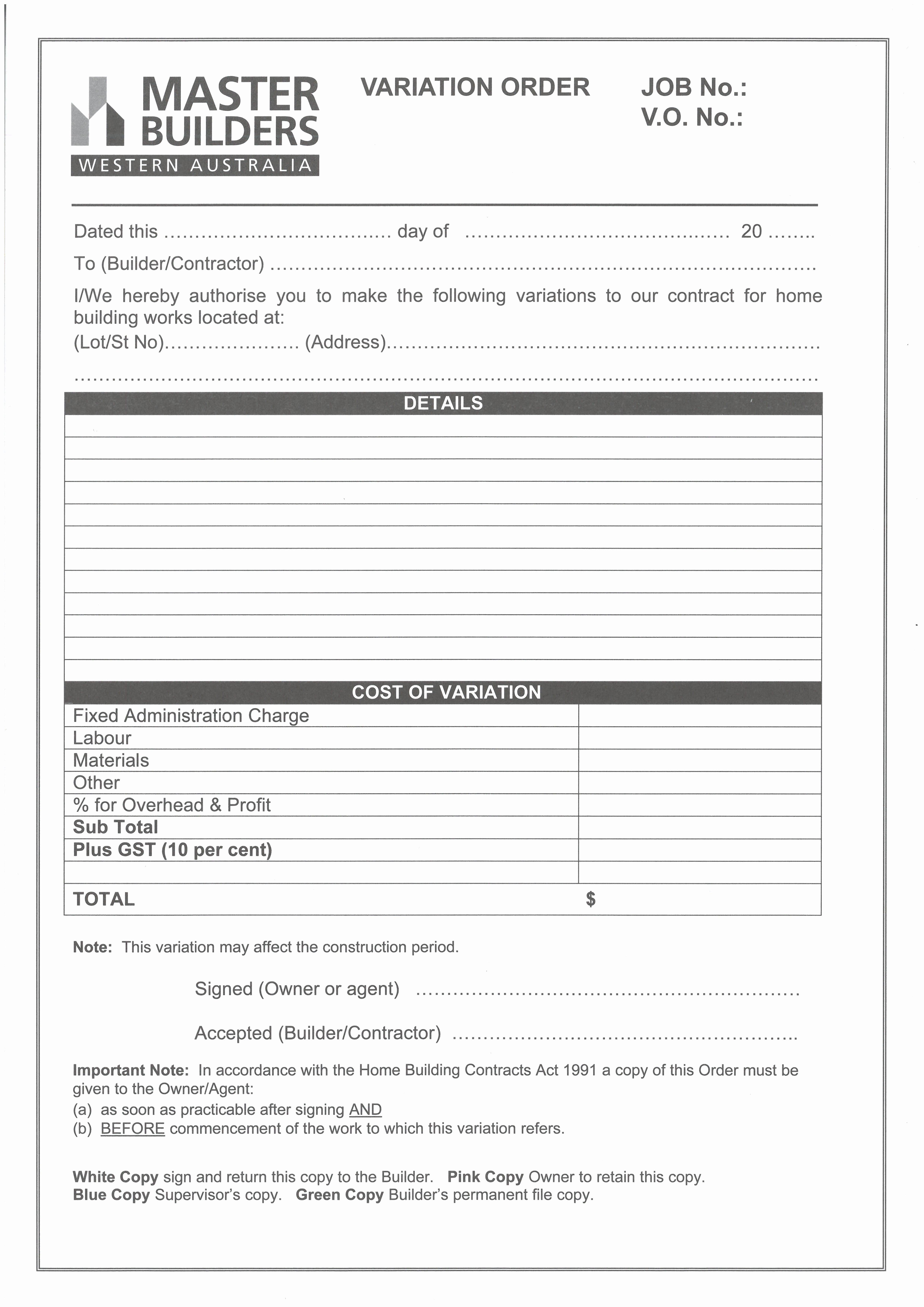 Home Construction Contract Template Fresh Variation order form Pad Master Builders Wamaster