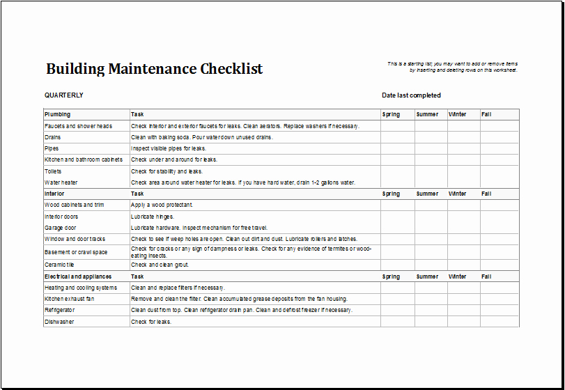 Home Maintenance Checklist Template Inspirational 7 Facility Maintenance Checklist Templates Excel Templates