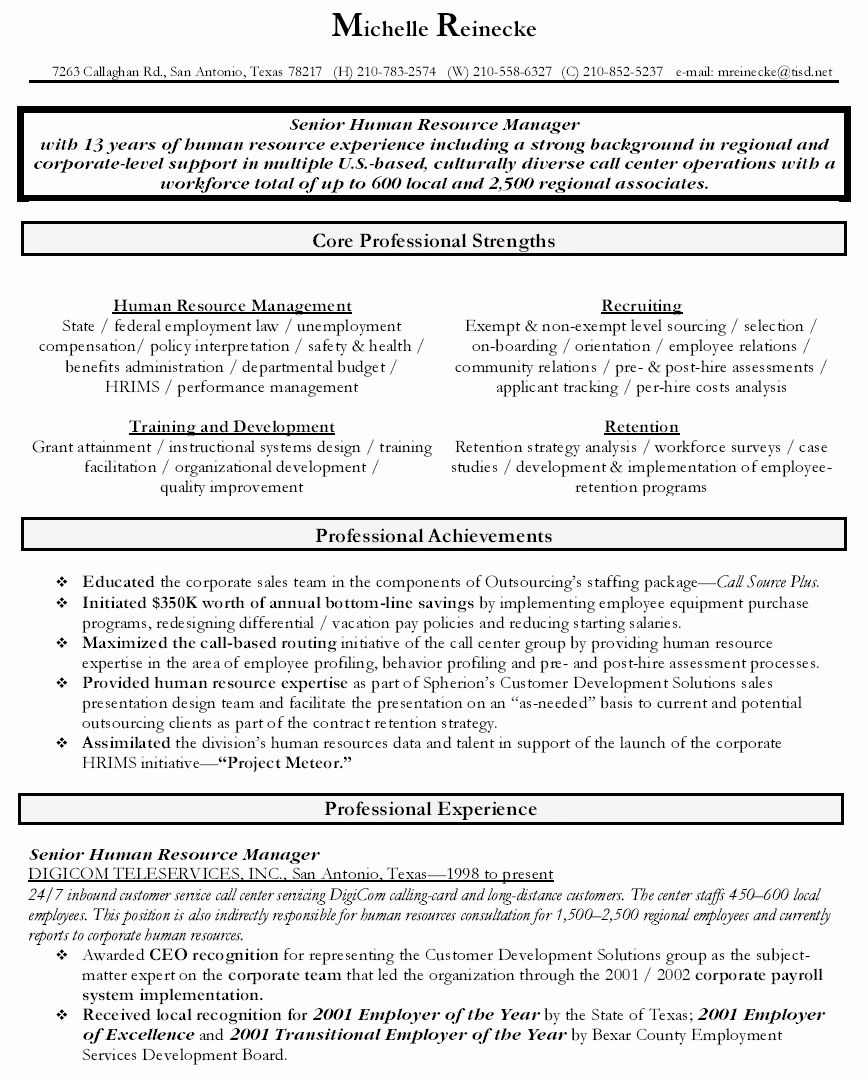 Human Resource Manager Resume Template New Sample Human Resources Manager Resume