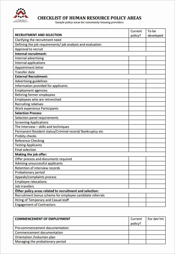 Human Resource Policy Template Awesome 15 Hr Checklist Templates Free Sample Example format