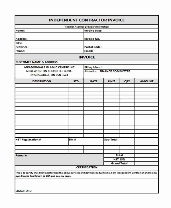 Independent Contractor Billing Template Awesome Contractor Invoice Template 7 Free Word Pdf format