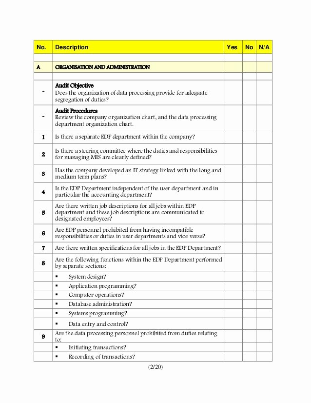 Information Technology Policy Template Fresh Audit Checklist for Information Systems