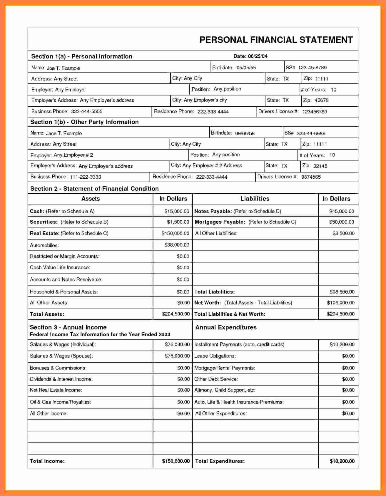 sample personal financial statement synonym statements templates