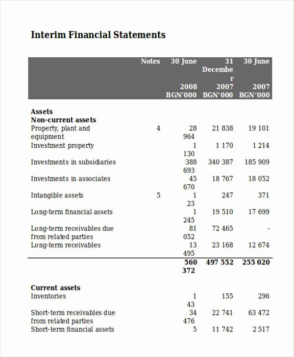 Interim Financial Statement Template