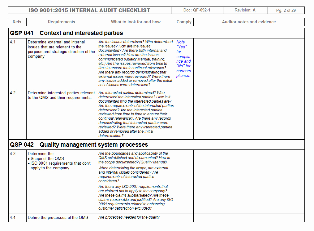 Internal Audit Checklist Template Awesome Internal Quality Management System Audit Checklist iso