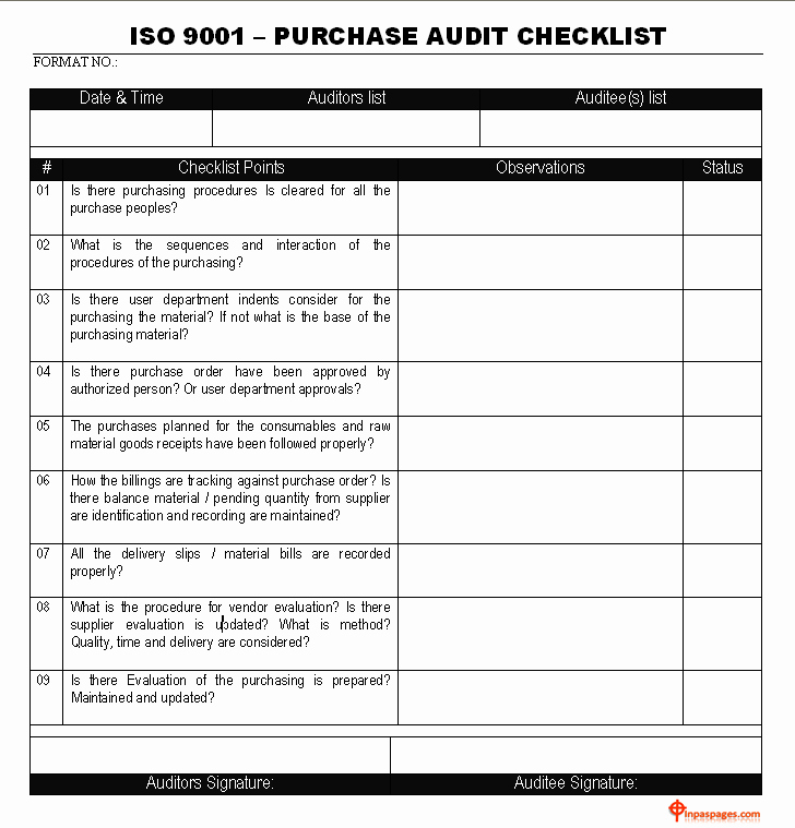 Internal Audit Checklist Template Awesome iso 9001 Purchase Audit Checklist Quality Inspection
