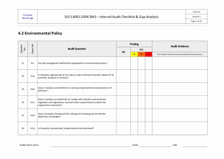 Internal Audit Checklist Template Excel Beautiful iso Ems Internal Audit Checklist Example Ok