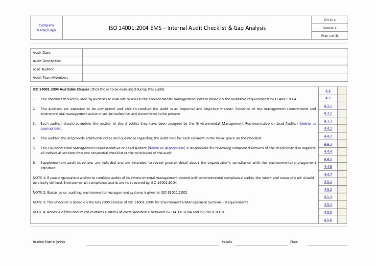 Internal Audit Checklist Template Unique iso Ems Internal Audit Checklist Example Ok