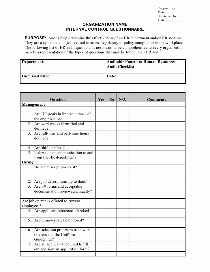 Internal Audit forms Template Fresh Hr Internal Control Audit Checklist