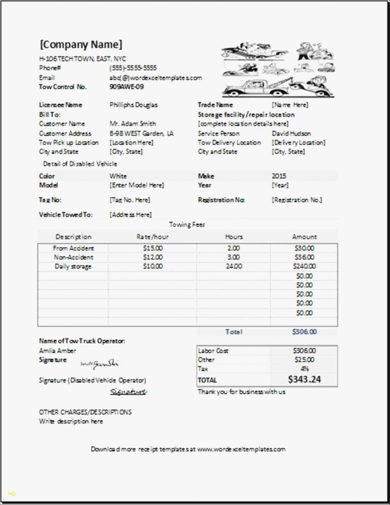 Invoice and Receipt Template Beautiful tow Truck Receipt Template Cv Templates tow Truck Invoice