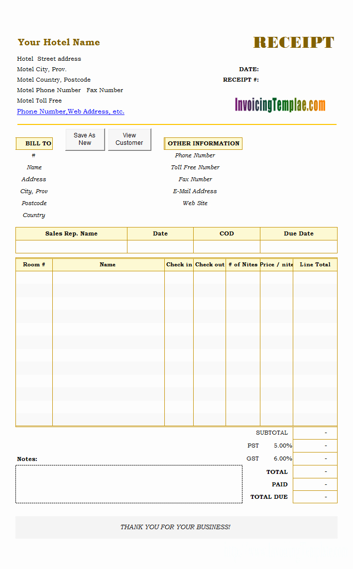 Invoice and Receipt Template New Hotel Receipt Template