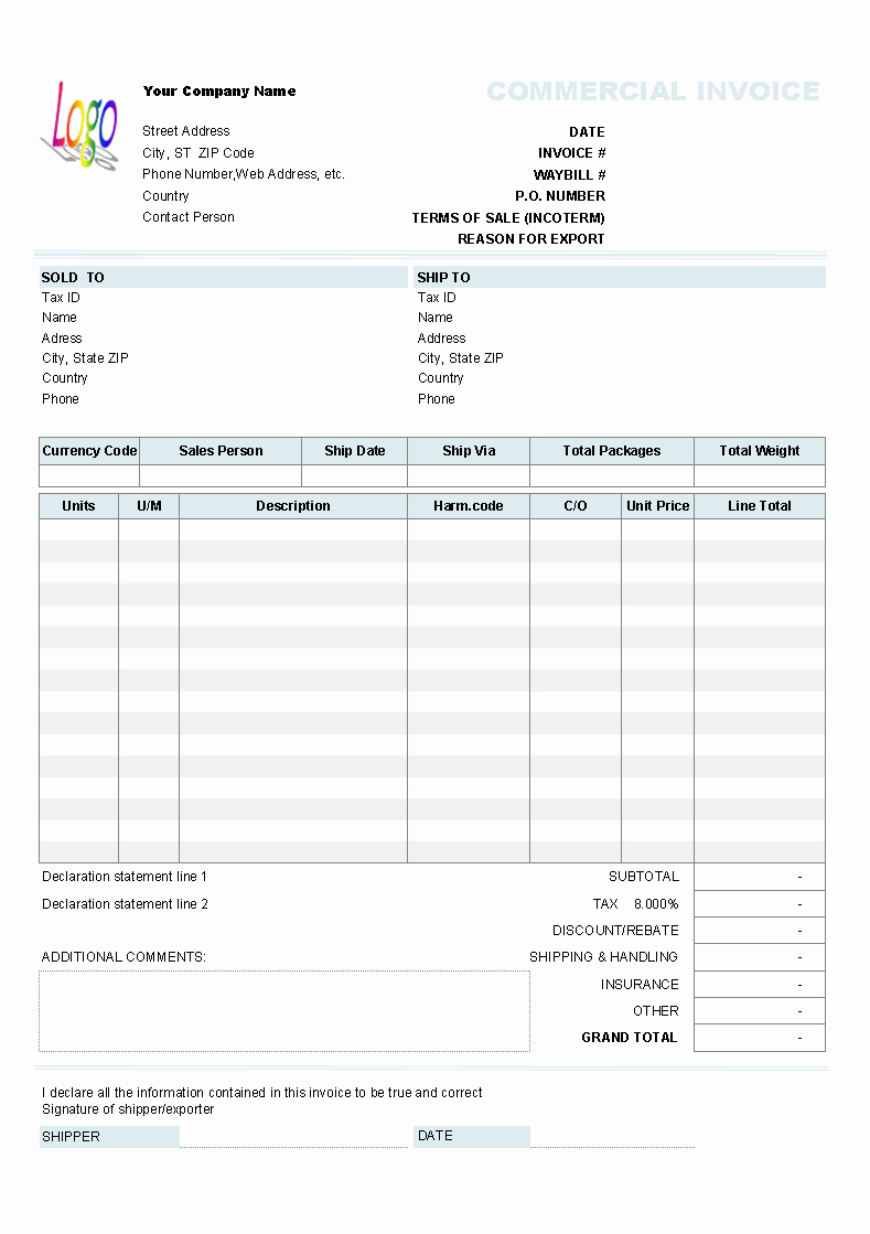Invoice Spreadsheet Template Free Beautiful Mercial Invoice Template Excel Free Download