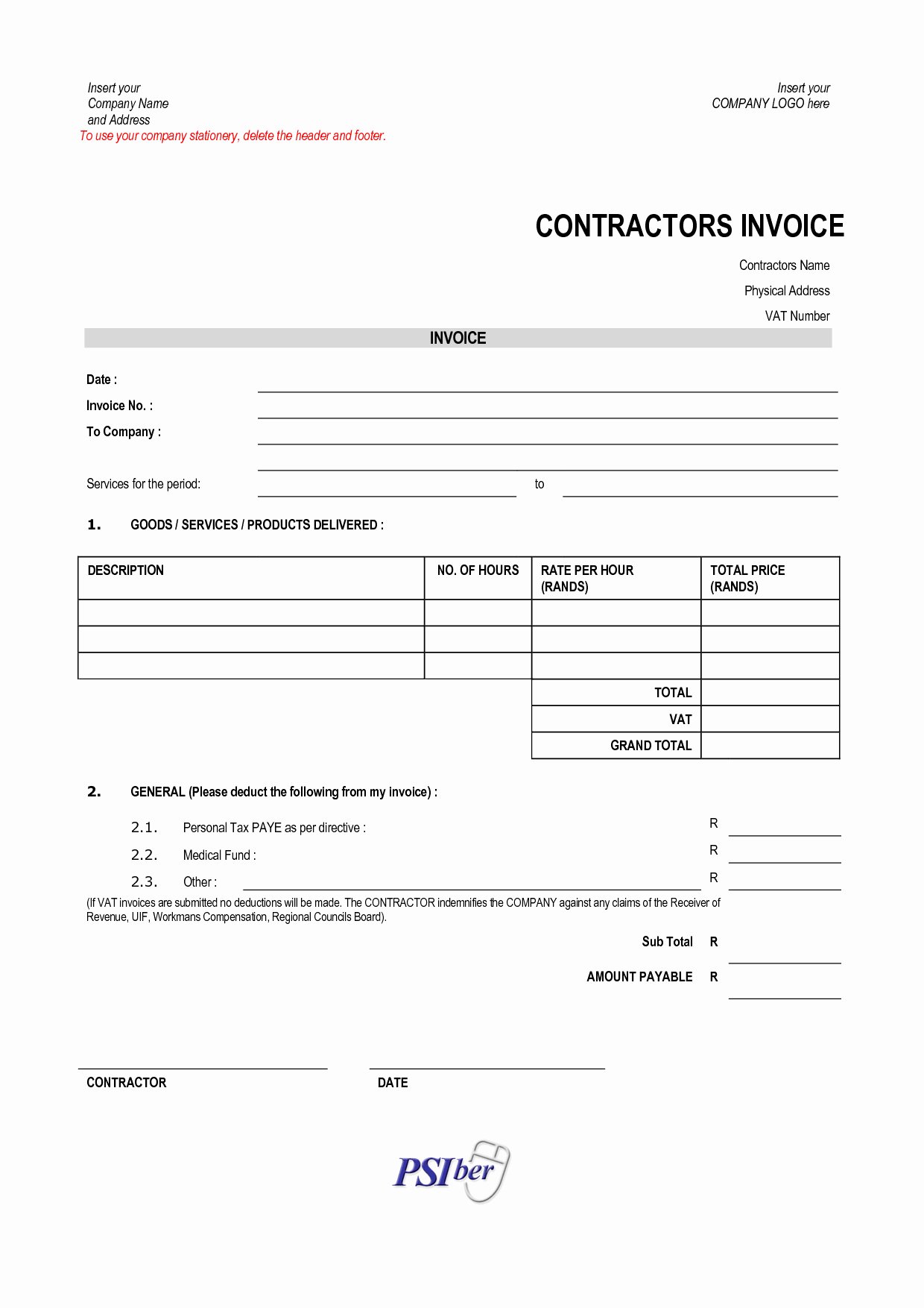 Invoice Template for Contract Work Fresh Invoice Template for Contractor Excel Contract Work