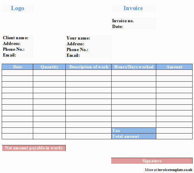 Invoice Template for Hours Worked Awesome Self Employed Invoice Template
