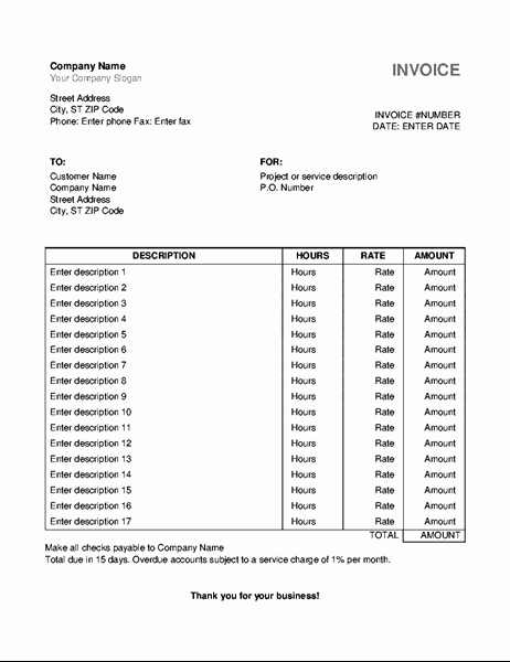 Invoice Template for Hours Worked Unique Services Invoice with Hours and Rate