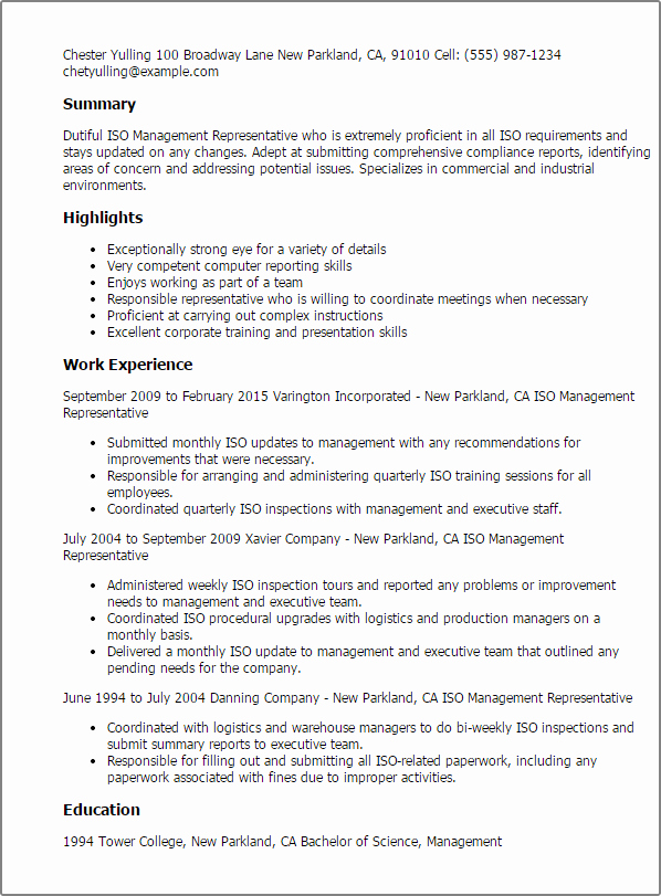Iso Work Instruction Template Fresh 1 iso Management Representative Resume Templates Try