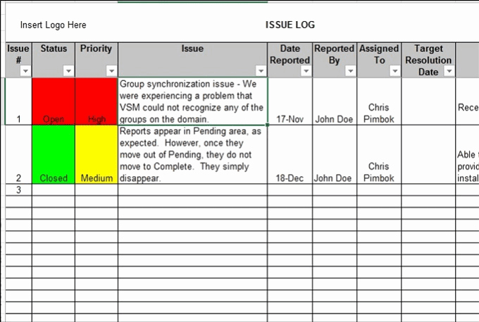 provide a project issue log in excel