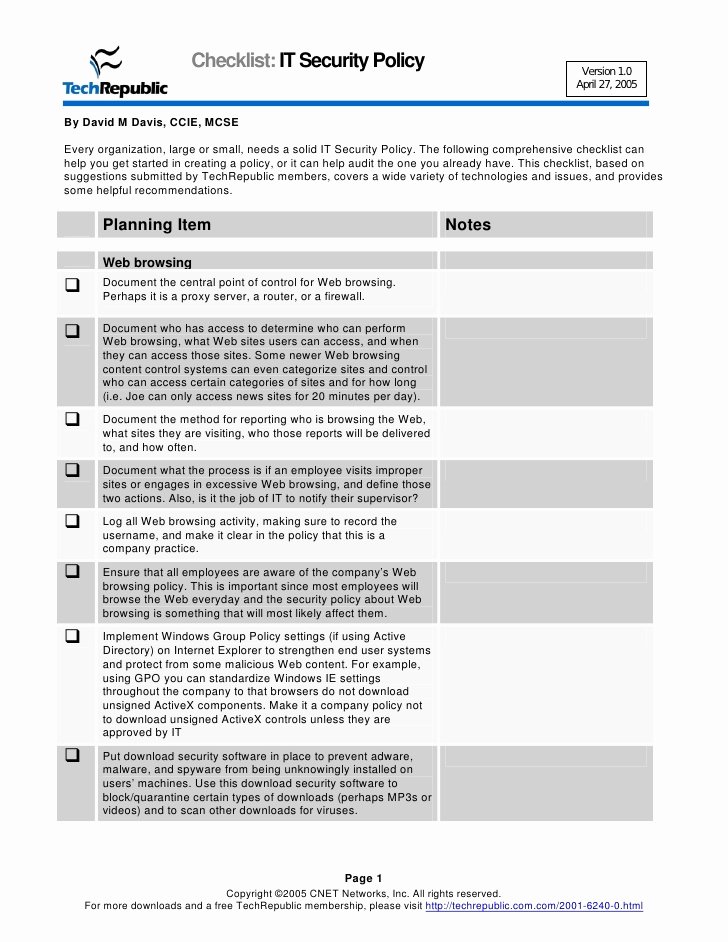 It Security Policy Template Fresh Security Policy Checklist