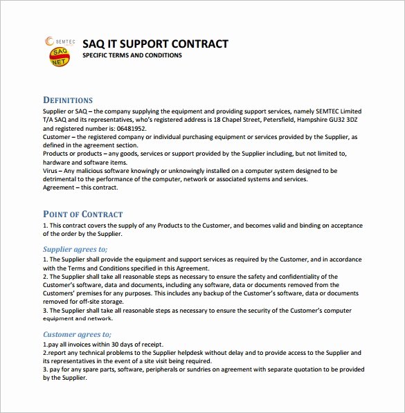 It Support Contract Template Luxury 9 It Support Contract Templates – Free Word Pdf