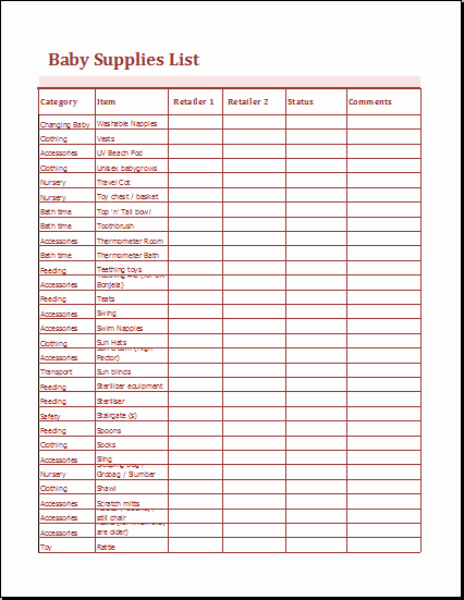 Janitorial Supply List Template Inspirational Printable Baby Supplies List Ms Excel