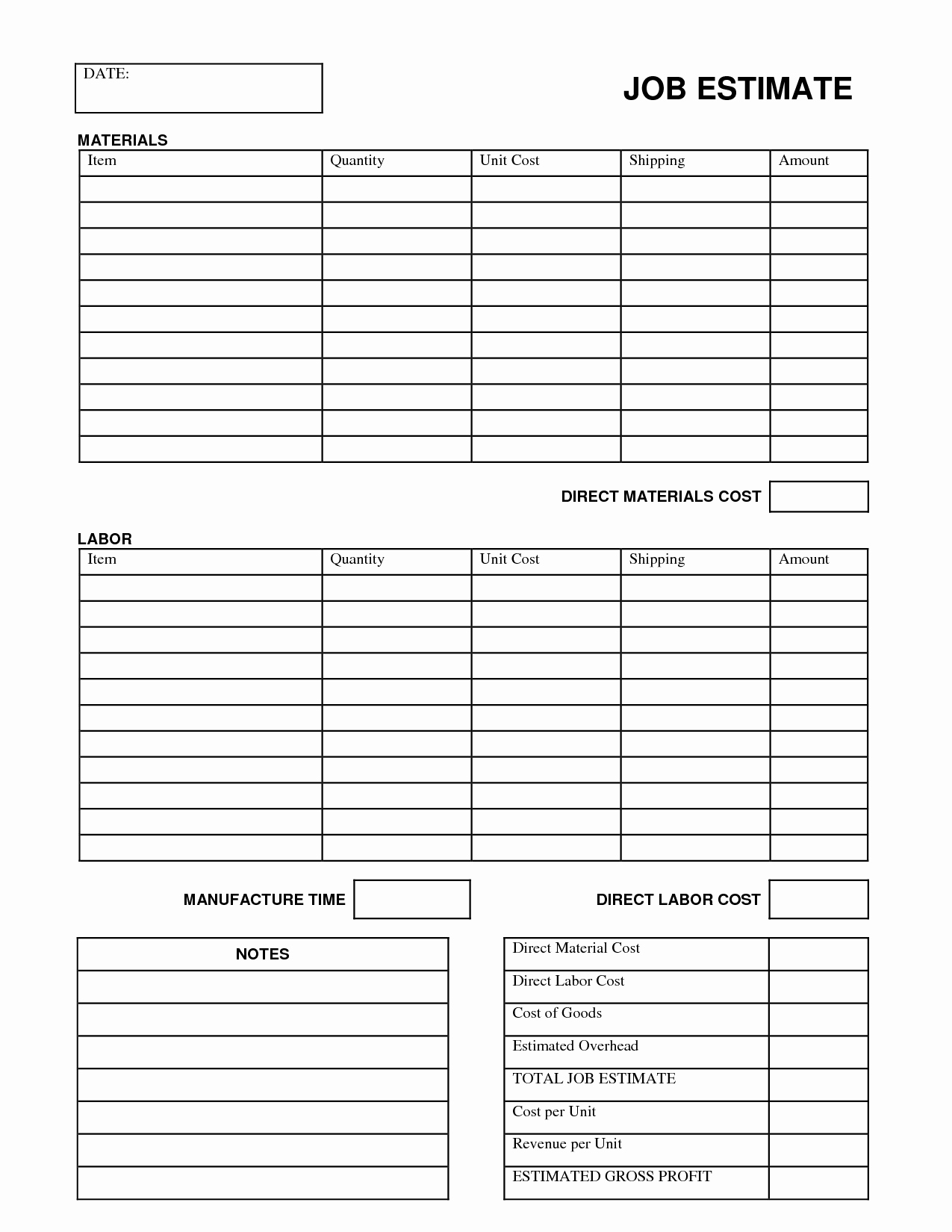 Job Estimate Template Excel Unique Printable Job Estimate forms