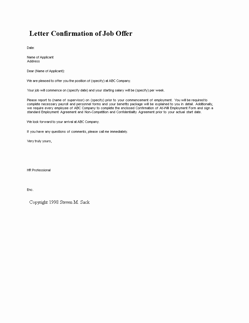 Job Offer Letter Template Doc Beautiful Free Letter Confirmation Of Job Fer