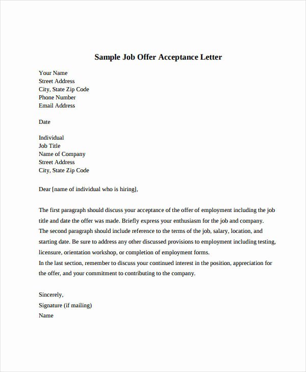 Job Offer Letter Template Doc Lovely Job Fer Acceptance Letter 8 Free Pdf Documents